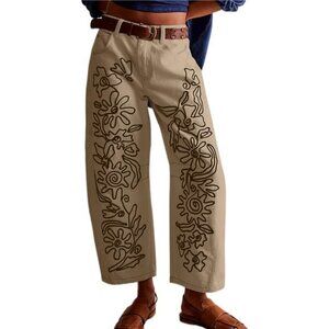 Embroidered Mid Rise Beige Jeans for Women Baggy Boyfriend Jean Boho Barrel